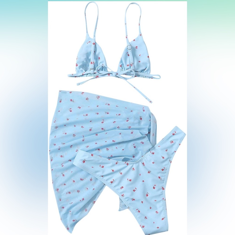 SOLY HUX 3 Piece Triangle Bikini Set with Mesh Cover Up Beach Skirt Blue Floral - Picture 3 of 11